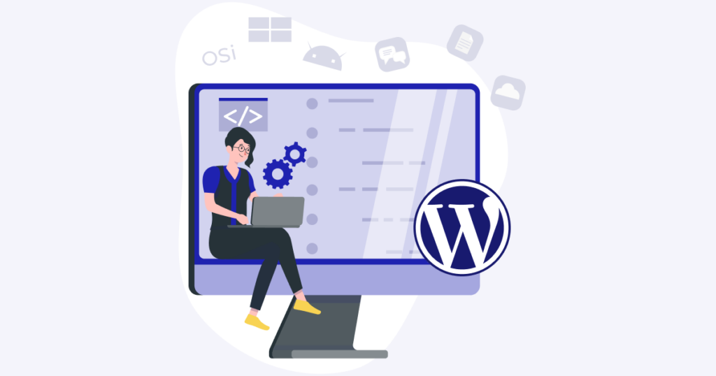 Illustration of a person working on a laptop with WordPress logo, showcasing website development tools and icons in the background